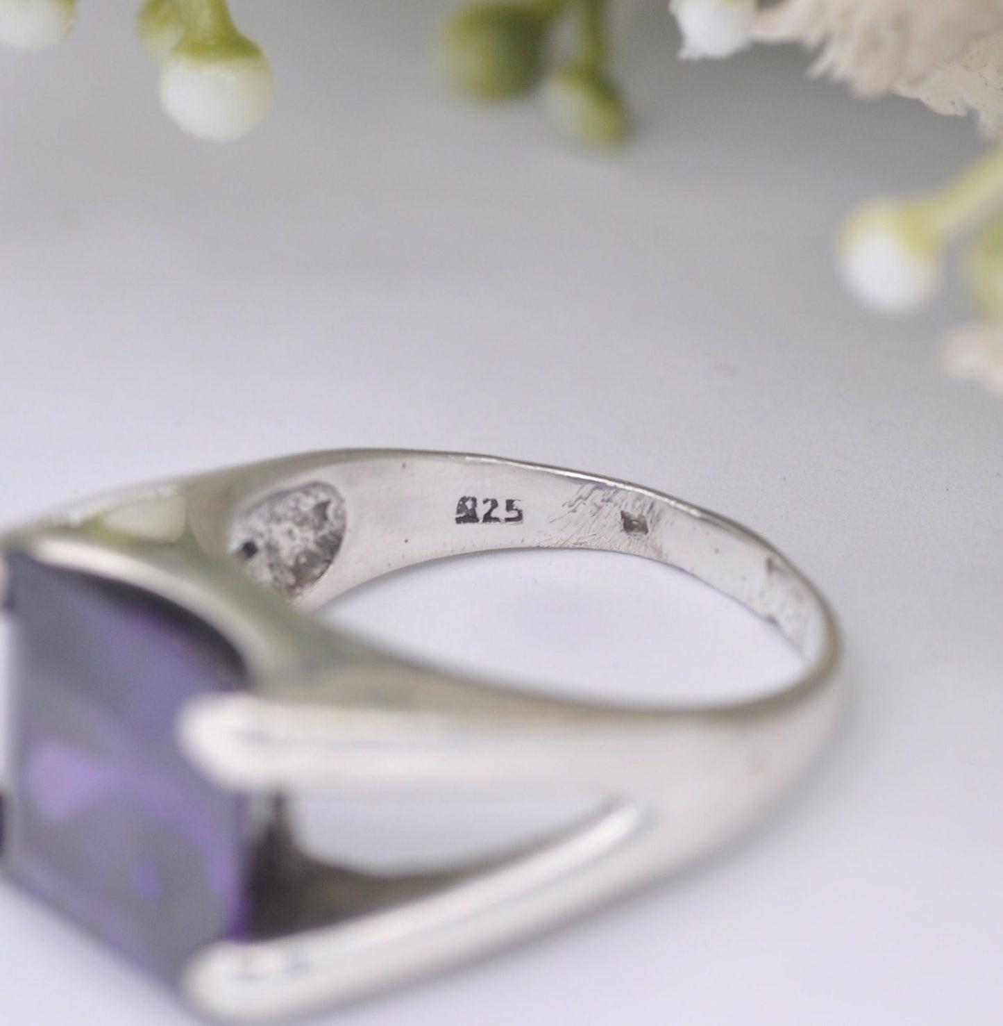 Italian Sterling Silver Purple Crystal Ring - Chunky Square Stone Ring | UK Size - S | US Size - 9