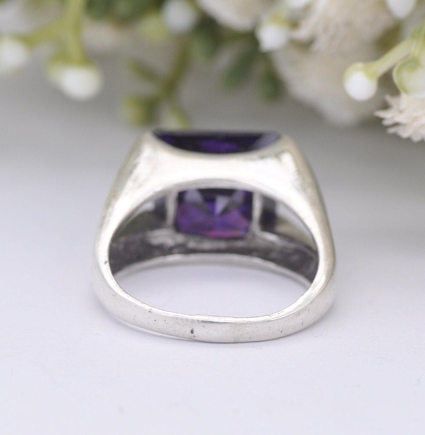 Italian Sterling Silver Purple Crystal Ring - Chunky Square Stone Ring | UK Size - S | US Size - 9