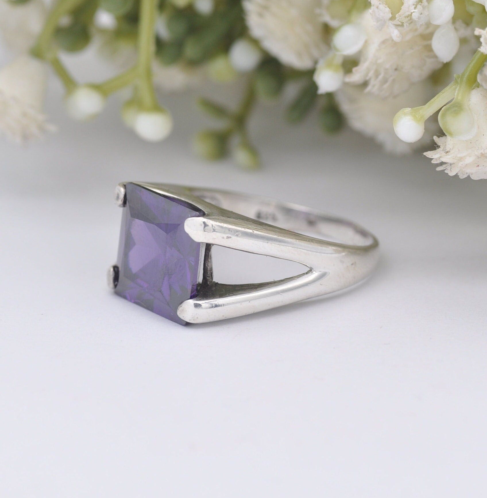 Italian Sterling Silver Purple Crystal Ring - Chunky Square Stone Ring | UK Size - S | US Size - 9