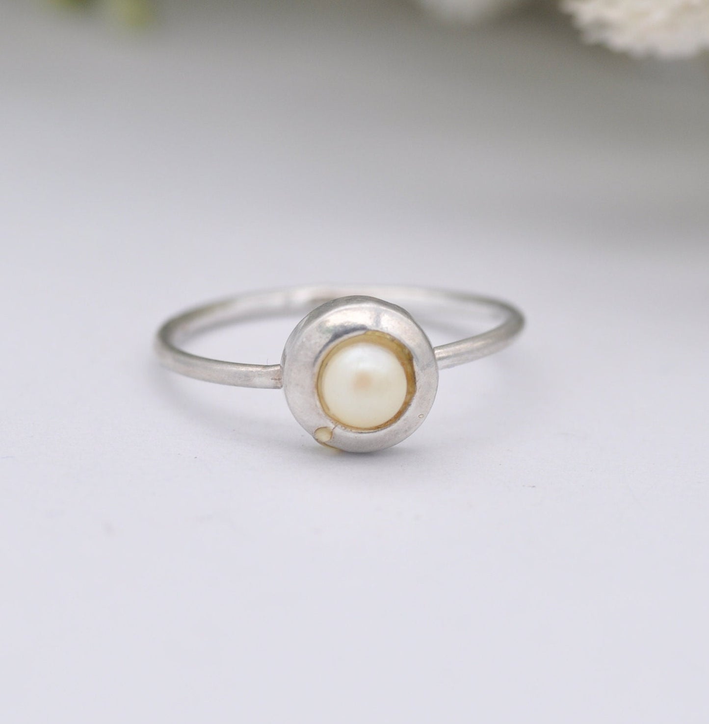 Vintage Sterling Silver Faux Pearl Ring - Delicate Vintage Ring | UK Size - M | US Size - 6 1/4