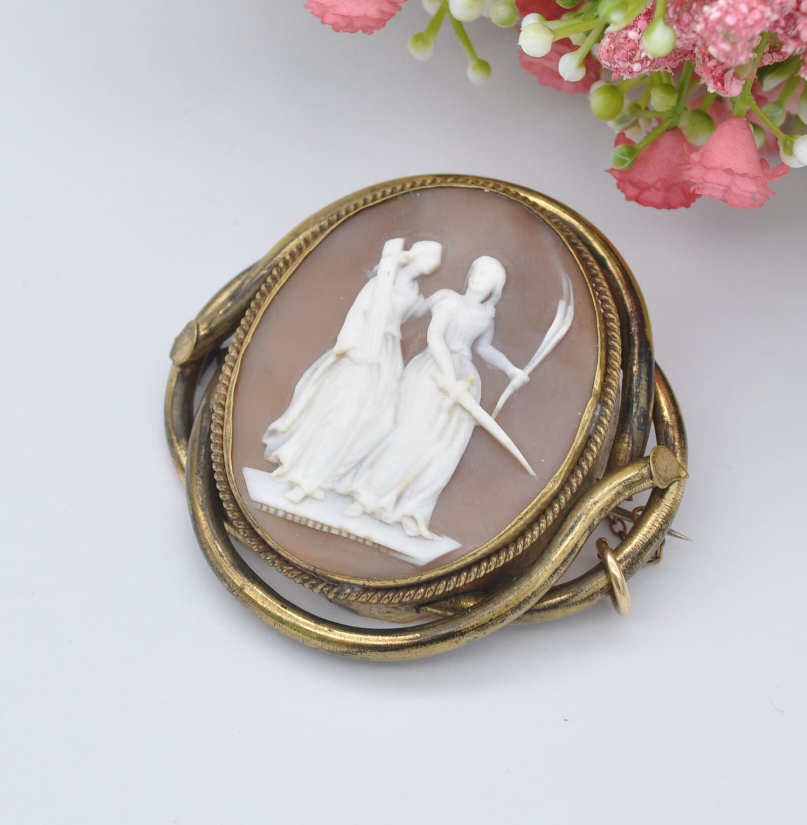 Unusual Antique Rolled Gold Cameo Brooch - Victorian Neoclassical Roman Image | Mythological Scene | Women Holding Sword Fasces Torch