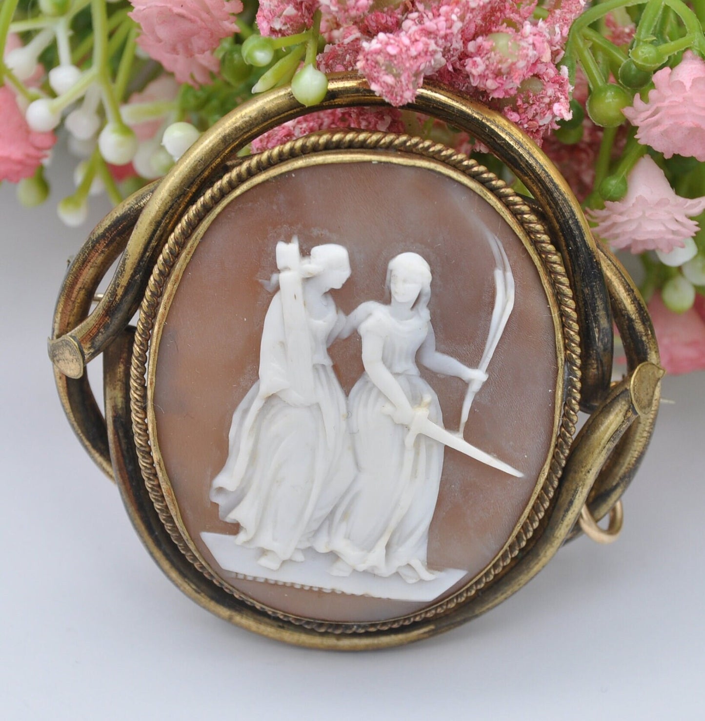 Unusual Antique Rolled Gold Cameo Brooch - Victorian Neoclassical Roman Image | Mythological Scene | Women Holding Sword Fasces Torch