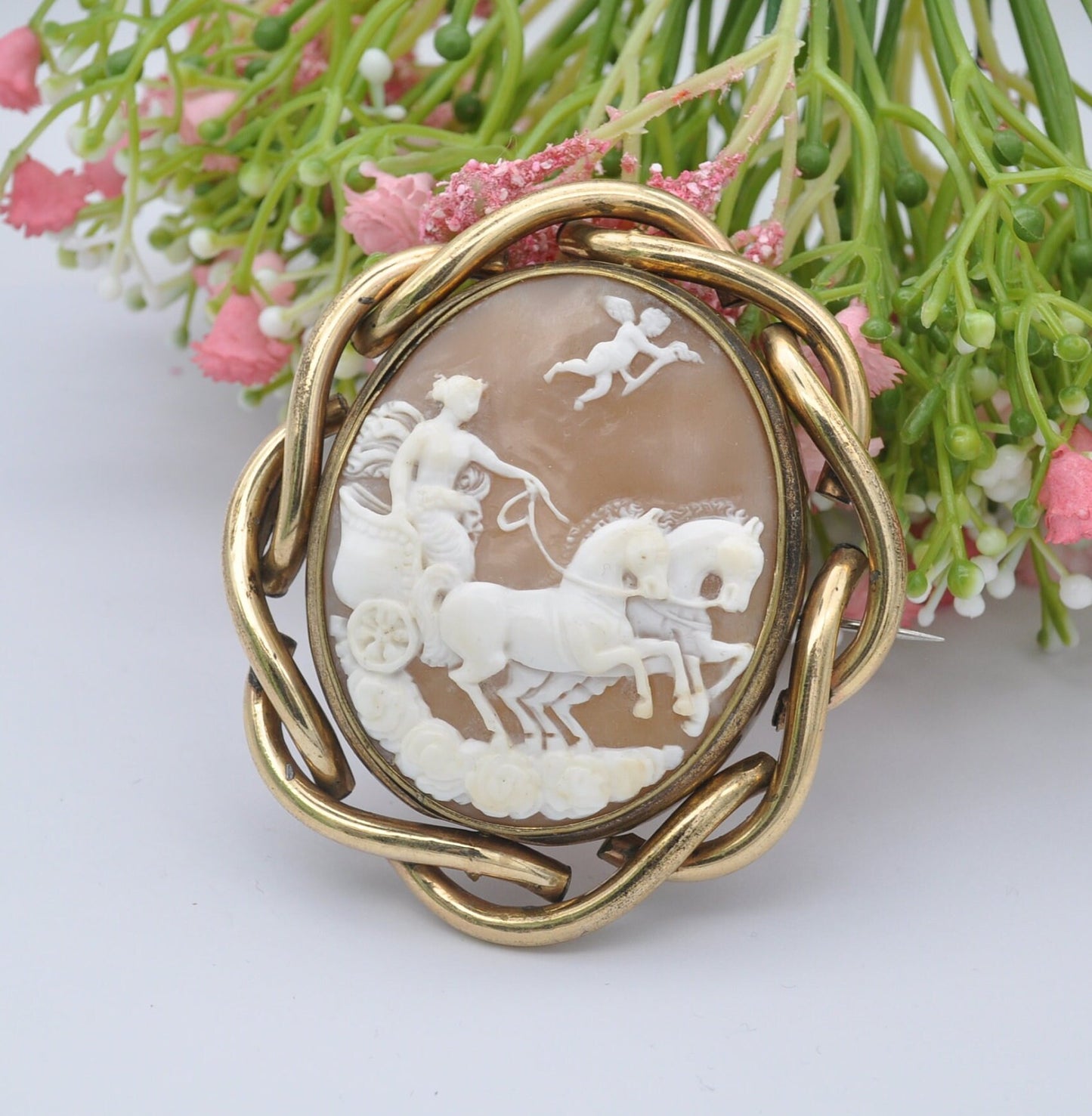 Antique Shell Cameo Brooch - Aurora and Lucifer the Morning Star | Dawn Chariot on Clouds | Classical Roman Mythological Scene