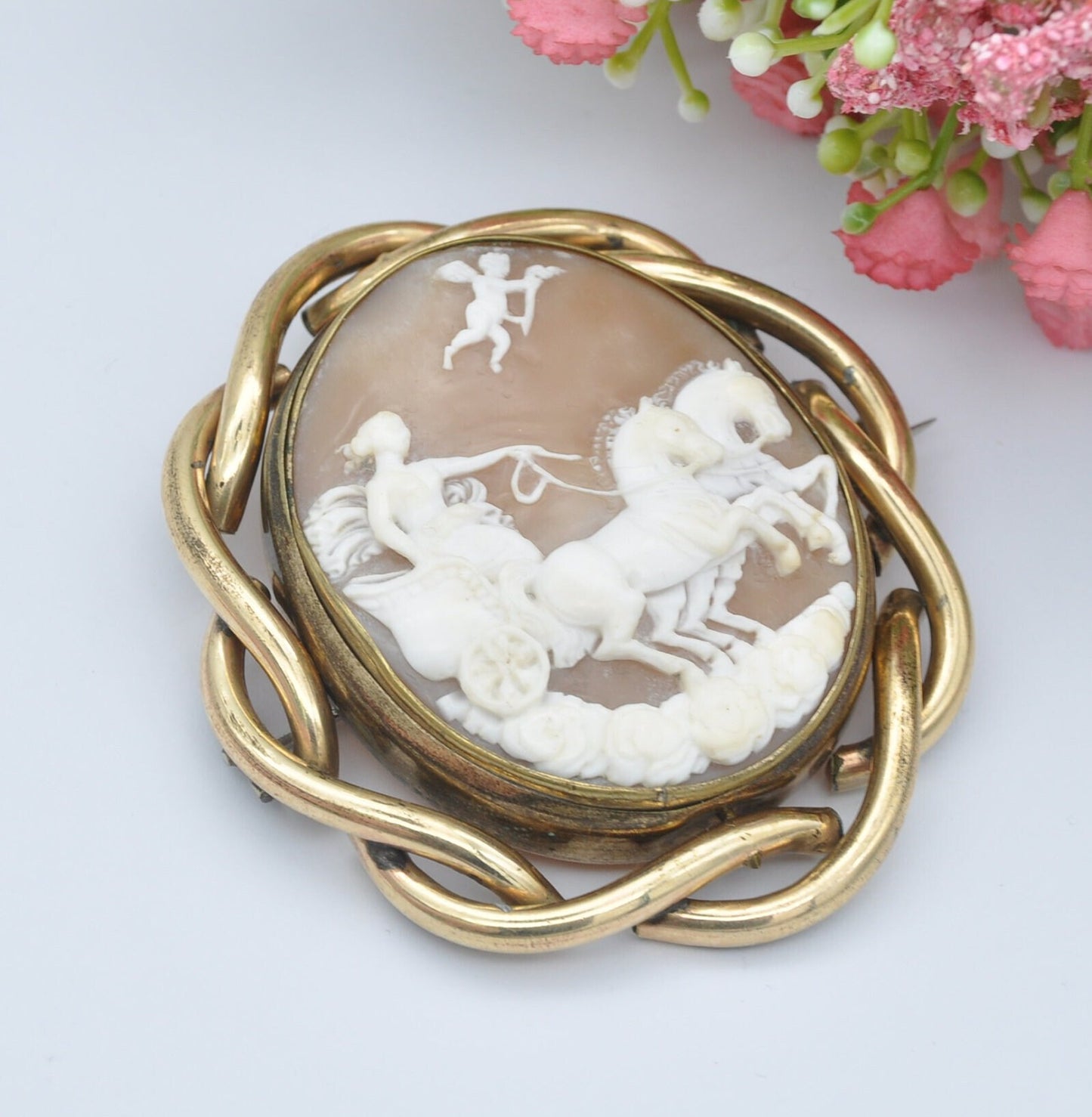 Antique Shell Cameo Brooch - Aurora and Lucifer the Morning Star | Dawn Chariot on Clouds | Classical Roman Mythological Scene