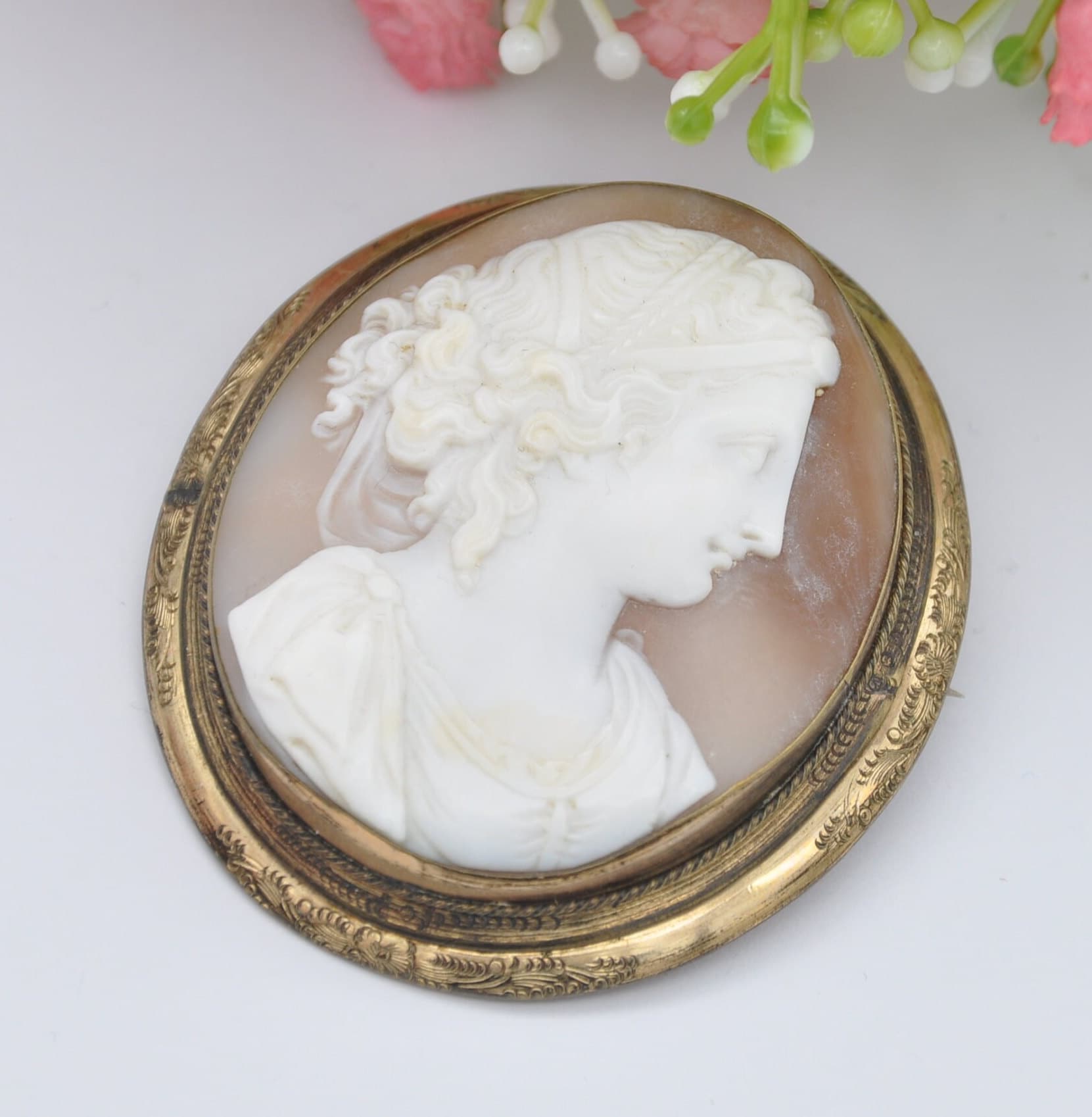 Antique Victorian Rolled Gold Cameo Brooch Pendant - Large Carved Portrait | Neoclassical Roman Profile Face | Renaissance Style