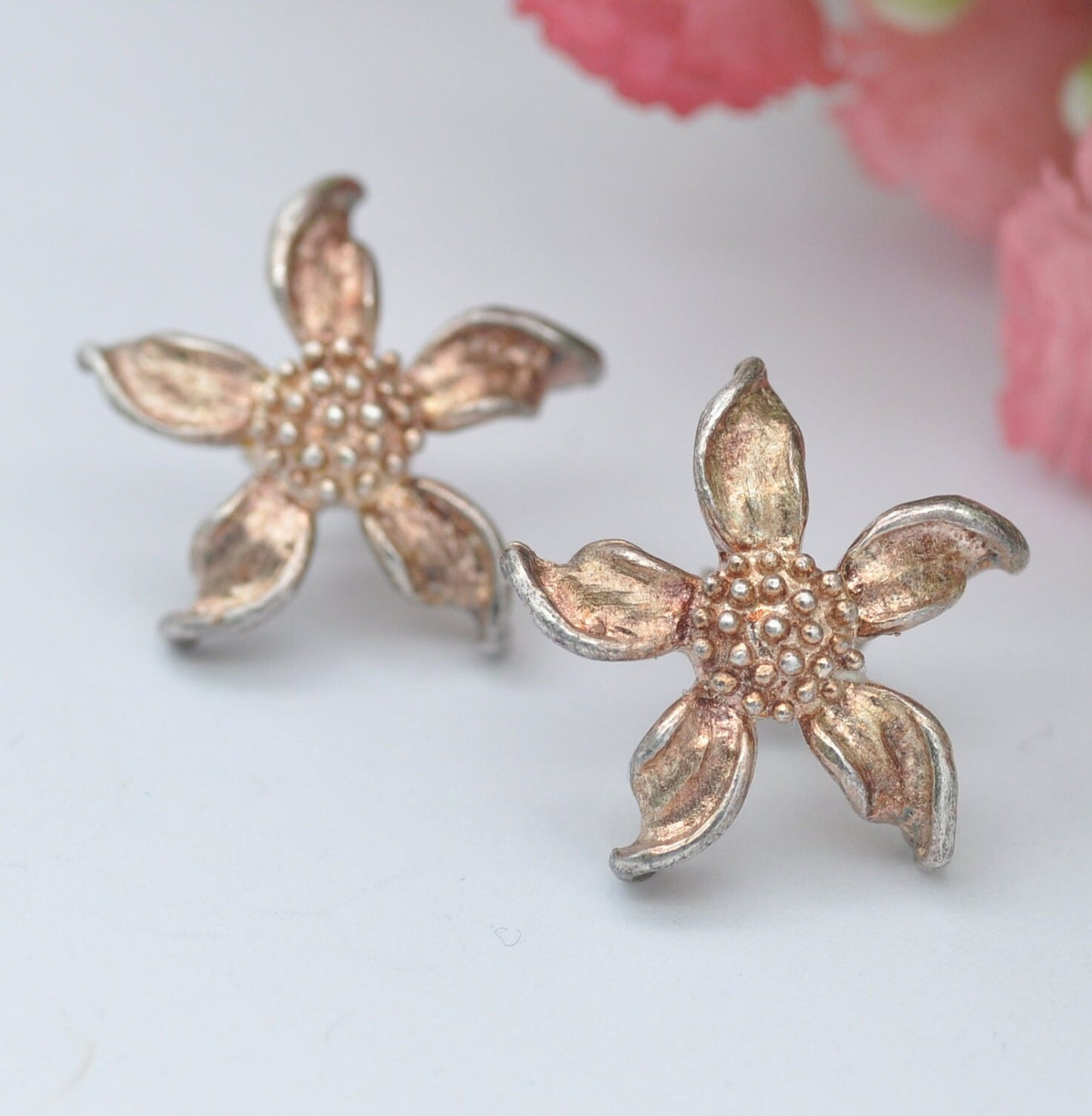 Vintage Sterling Silver Flower Stud Earrings - Realistic Floral Style