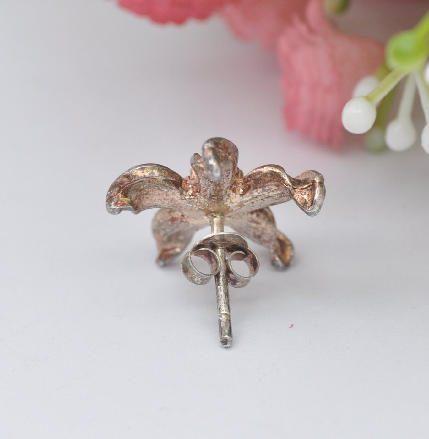 Vintage Sterling Silver Flower Stud Earrings - Realistic Floral Style