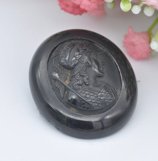 Antique Victorian Jet Cameo Brooch of Minerva Athena - Classical Face Profile | Spear Helmet and Laurel Wreath