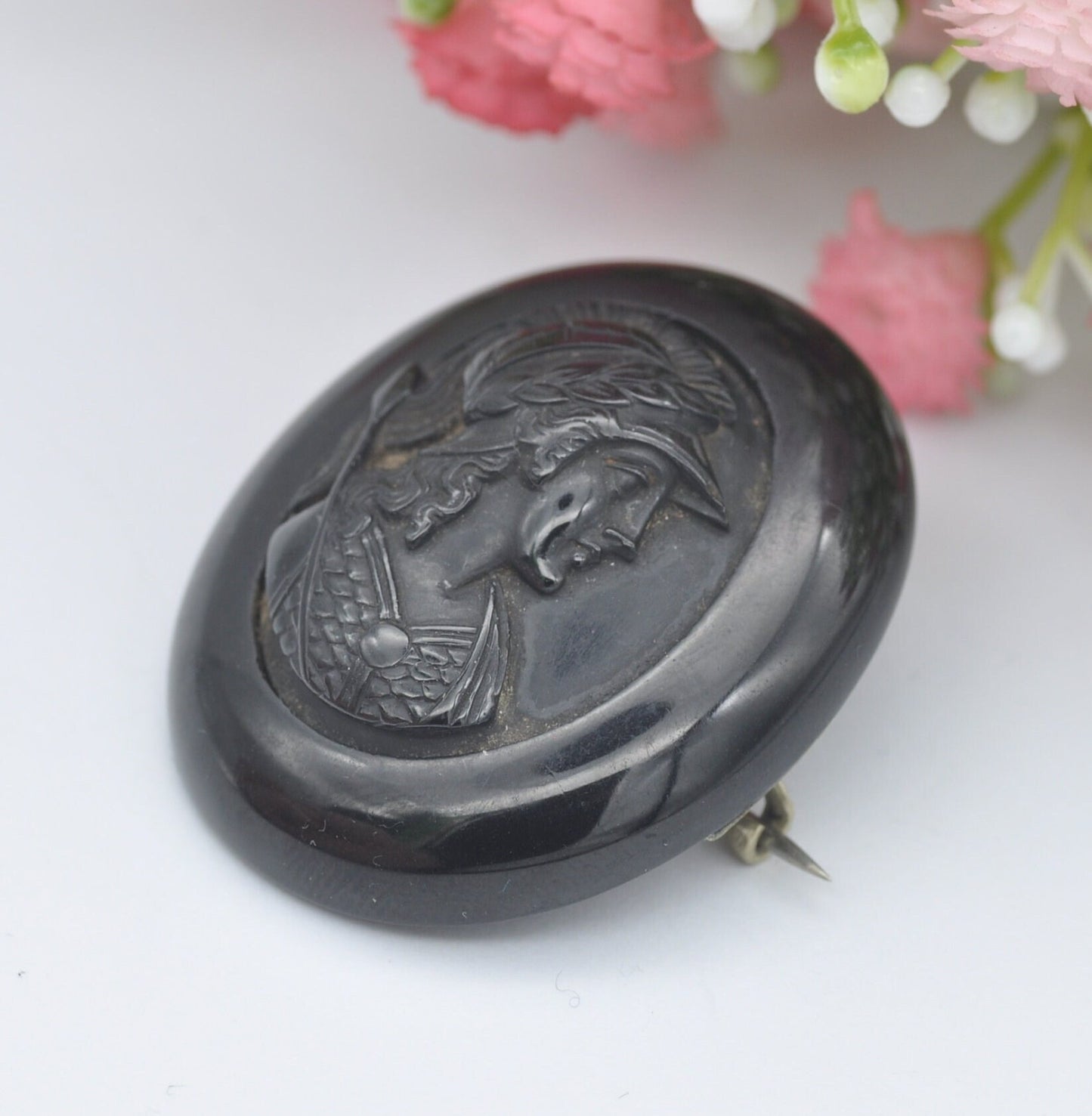 Antique Victorian Jet Cameo Brooch of Minerva Athena - Classical Face Profile | Spear Helmet and Laurel Wreath