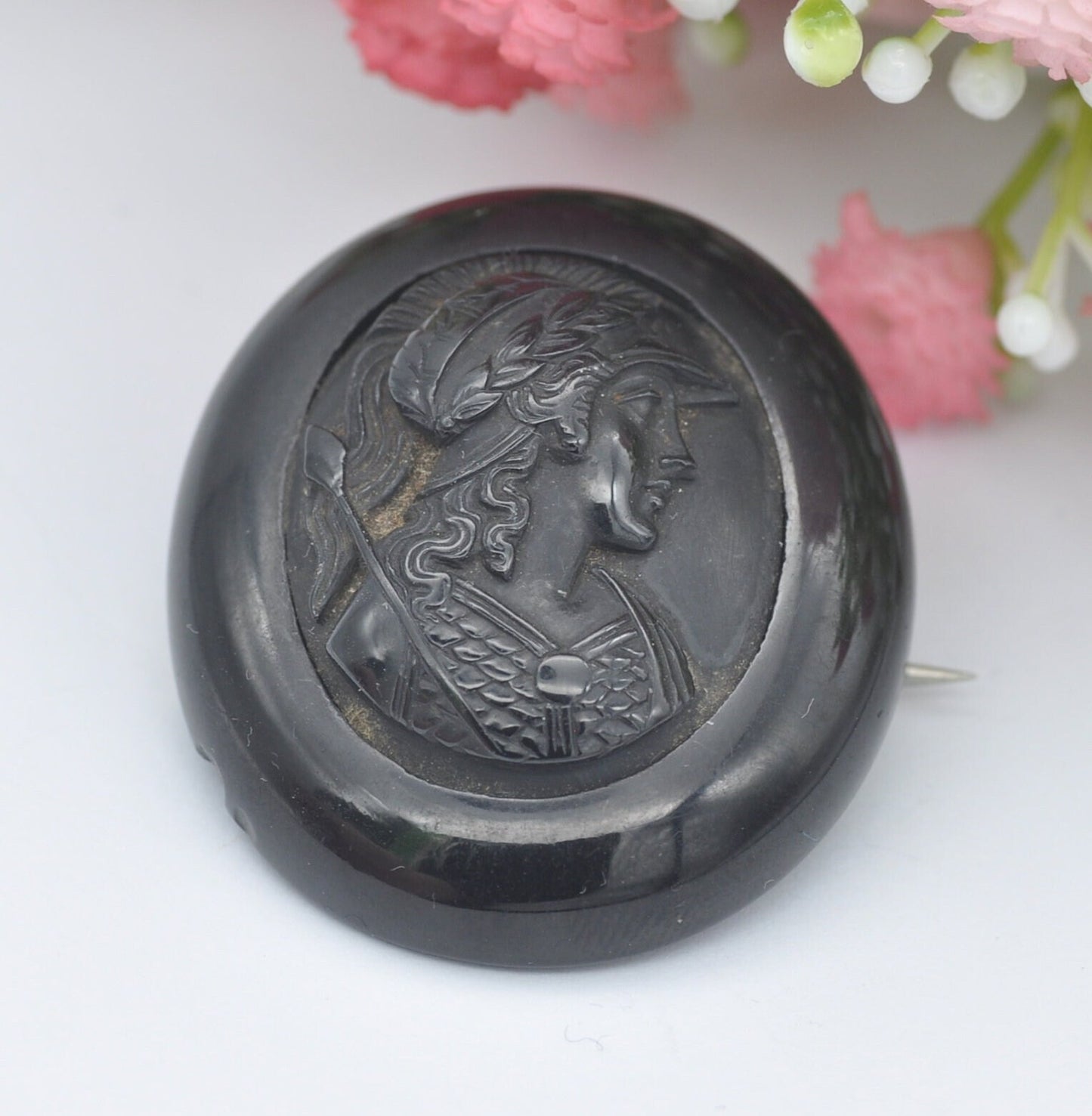 Antique Victorian Jet Cameo Brooch of Minerva Athena - Classical Face Profile | Spear Helmet and Laurel Wreath