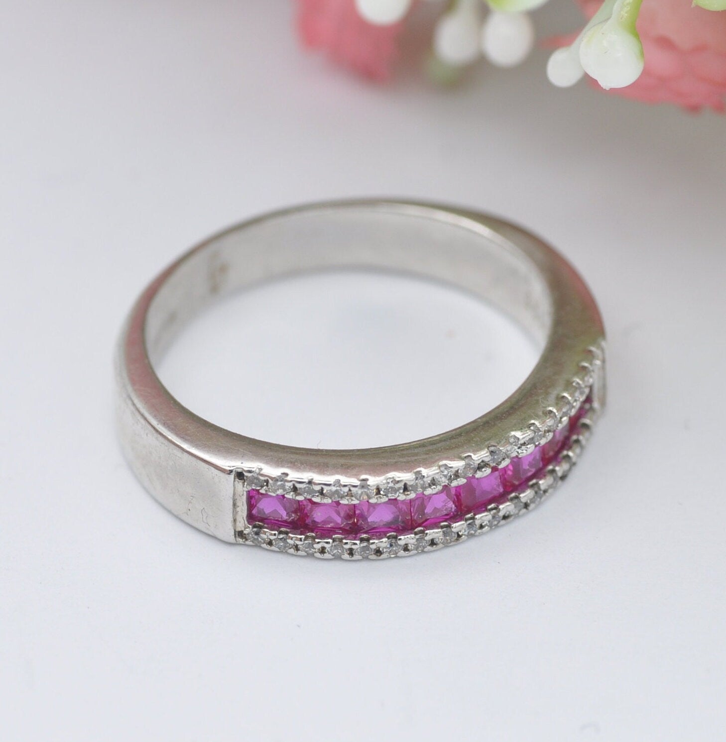 Sterling Silver Ruby Diamond Half Eternity Ring with Channel Set Gemstones - UK Size - R 1/2 | US Size - 9