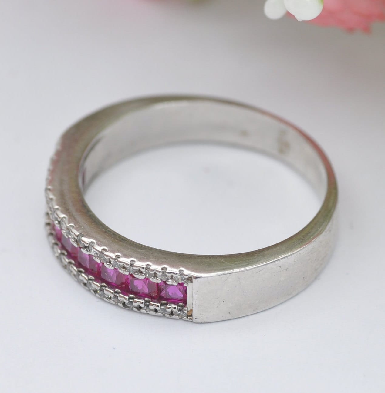 Sterling Silver Ruby Diamond Half Eternity Ring with Channel Set Gemstones - UK Size - R 1/2 | US Size - 9