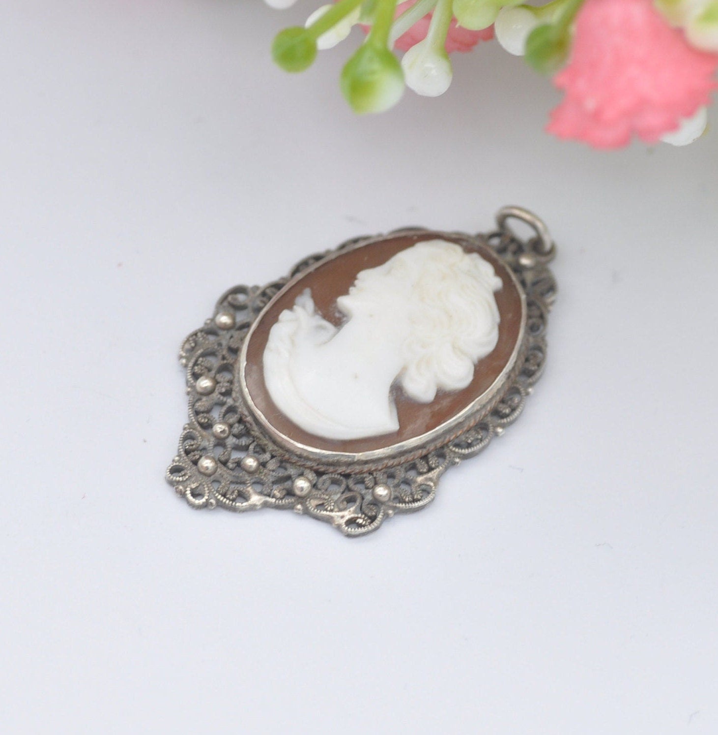 Vintage Sterling Silver Filigree Cameo Pendant Necklace - Raised Classical Profile Portrait | Hand Carved Face