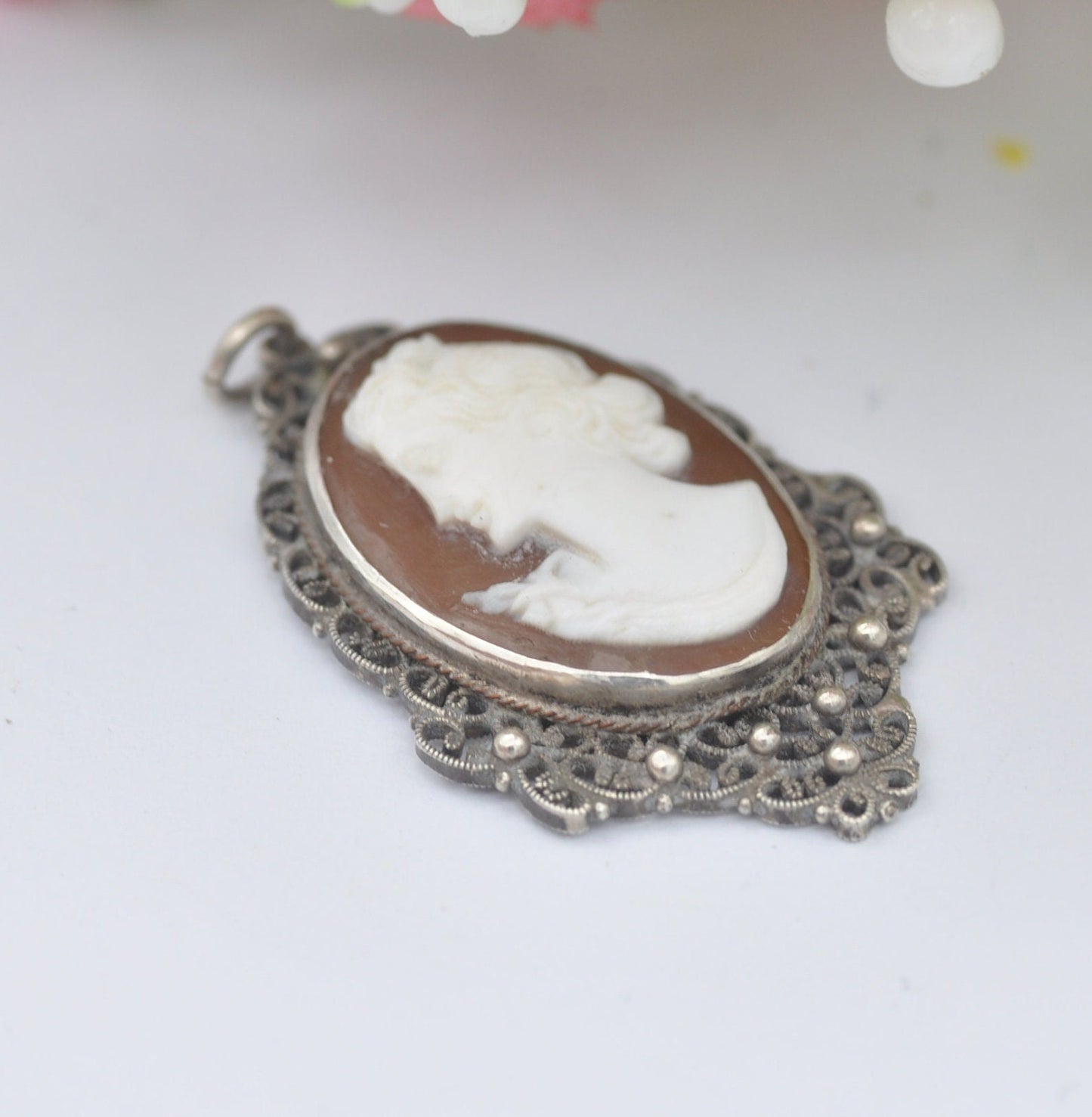 Vintage Sterling Silver Filigree Cameo Pendant Necklace - Raised Classical Profile Portrait | Hand Carved Face
