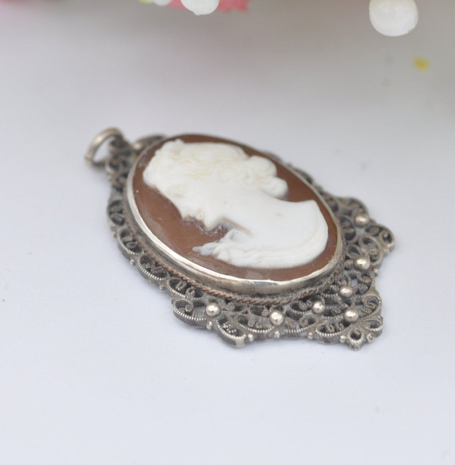 Vintage Sterling Silver Filigree Cameo Pendant Necklace - Raised Classical Profile Portrait | Hand Carved Face