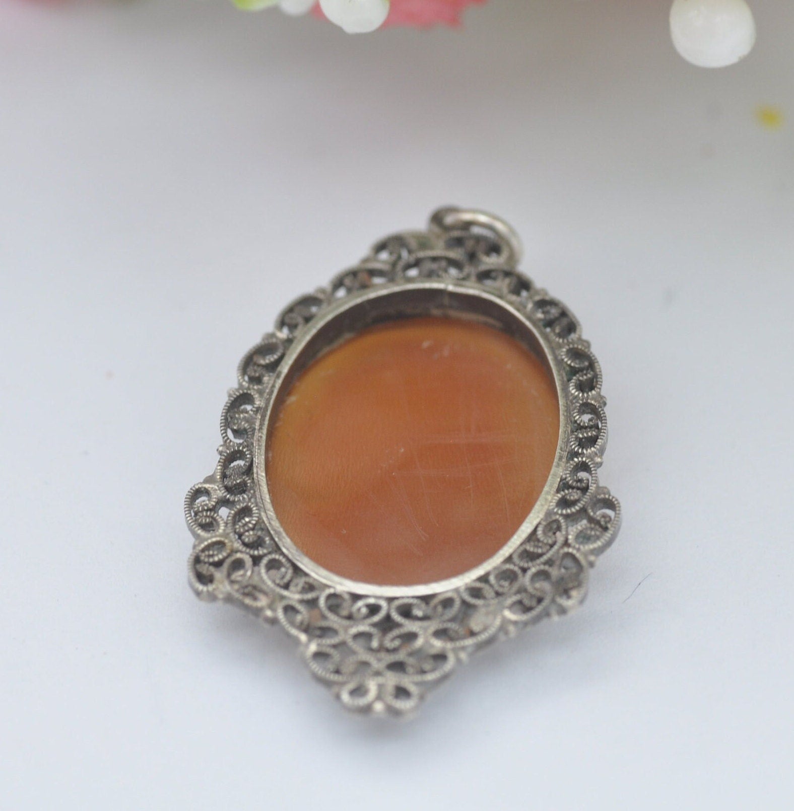 Vintage Sterling Silver Filigree Cameo Pendant Necklace - Raised Classical Profile Portrait | Hand Carved Face