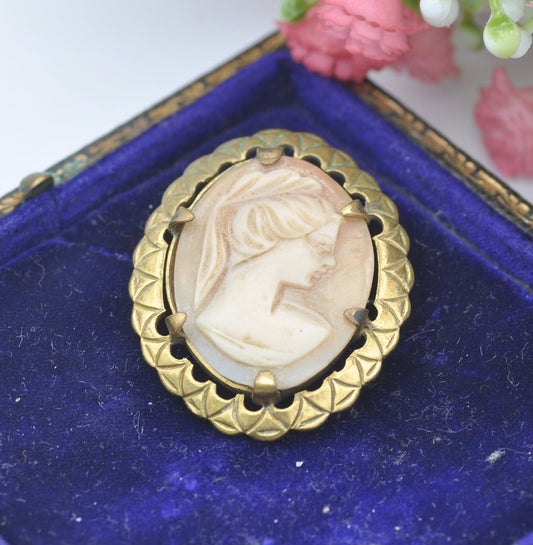 Vintage Cameo Brooch - Carved Shell Woman Portrait | Gold Plated | Mid-Century Costume Jewellery