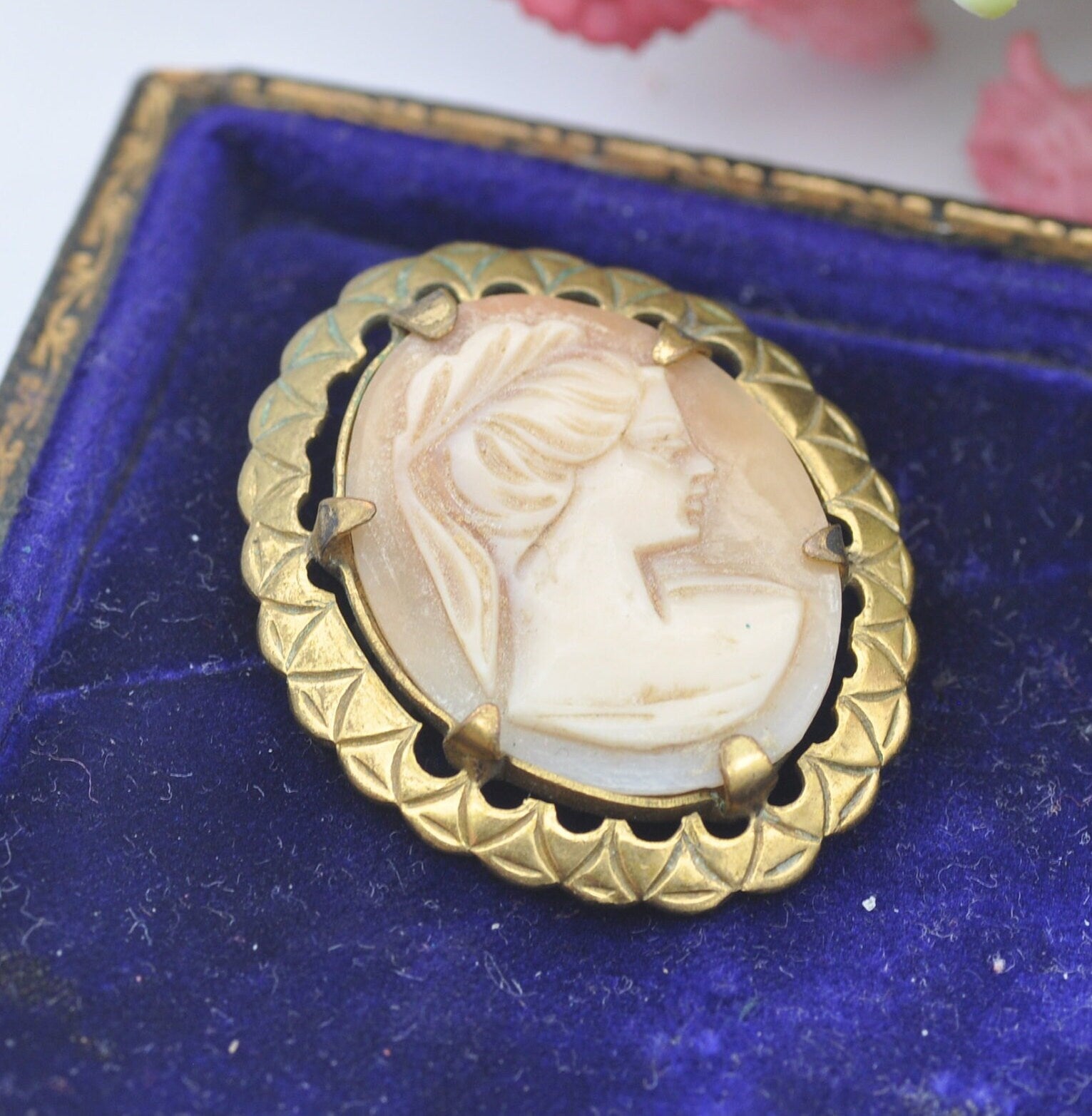 Vintage Cameo Brooch - Carved Shell Woman Portrait | Gold Plated | Mid-Century Costume Jewellery