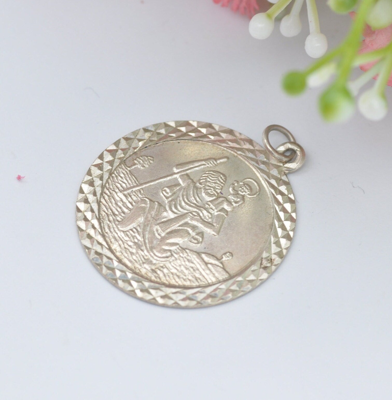 Vintage Sterling Silver St. Christopher Charm Pendant - Large Circle | Mid-Century | Diamond Cut Edge