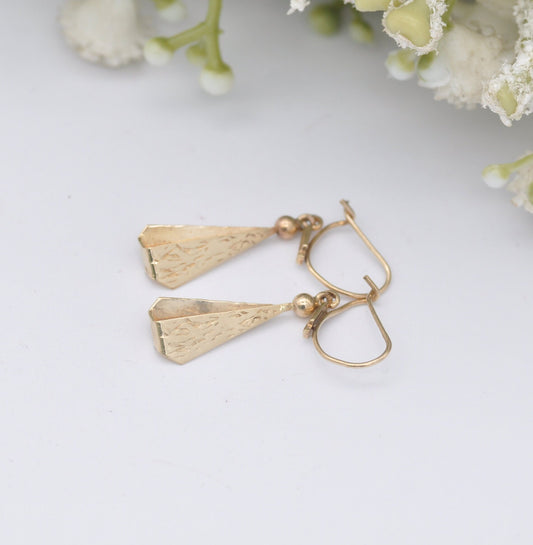 Vintage 9ct Gold Drop Earrings 1970 - Closed Fan Shape | Diamond Cut Engraving