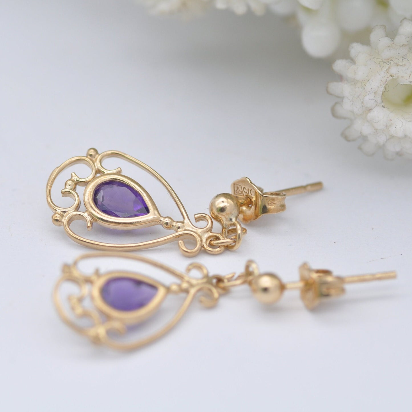 9ct Gold Amethyst Drop Earrings - Ornate Floral Openwork