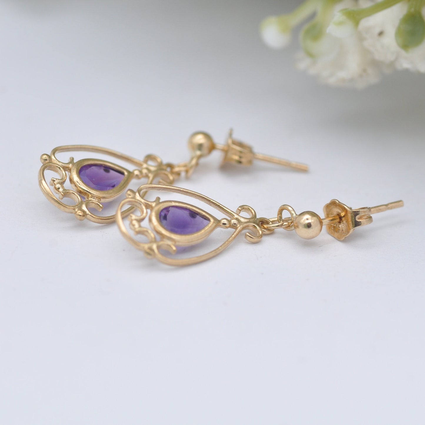 9ct Gold Amethyst Drop Earrings - Ornate Floral Openwork