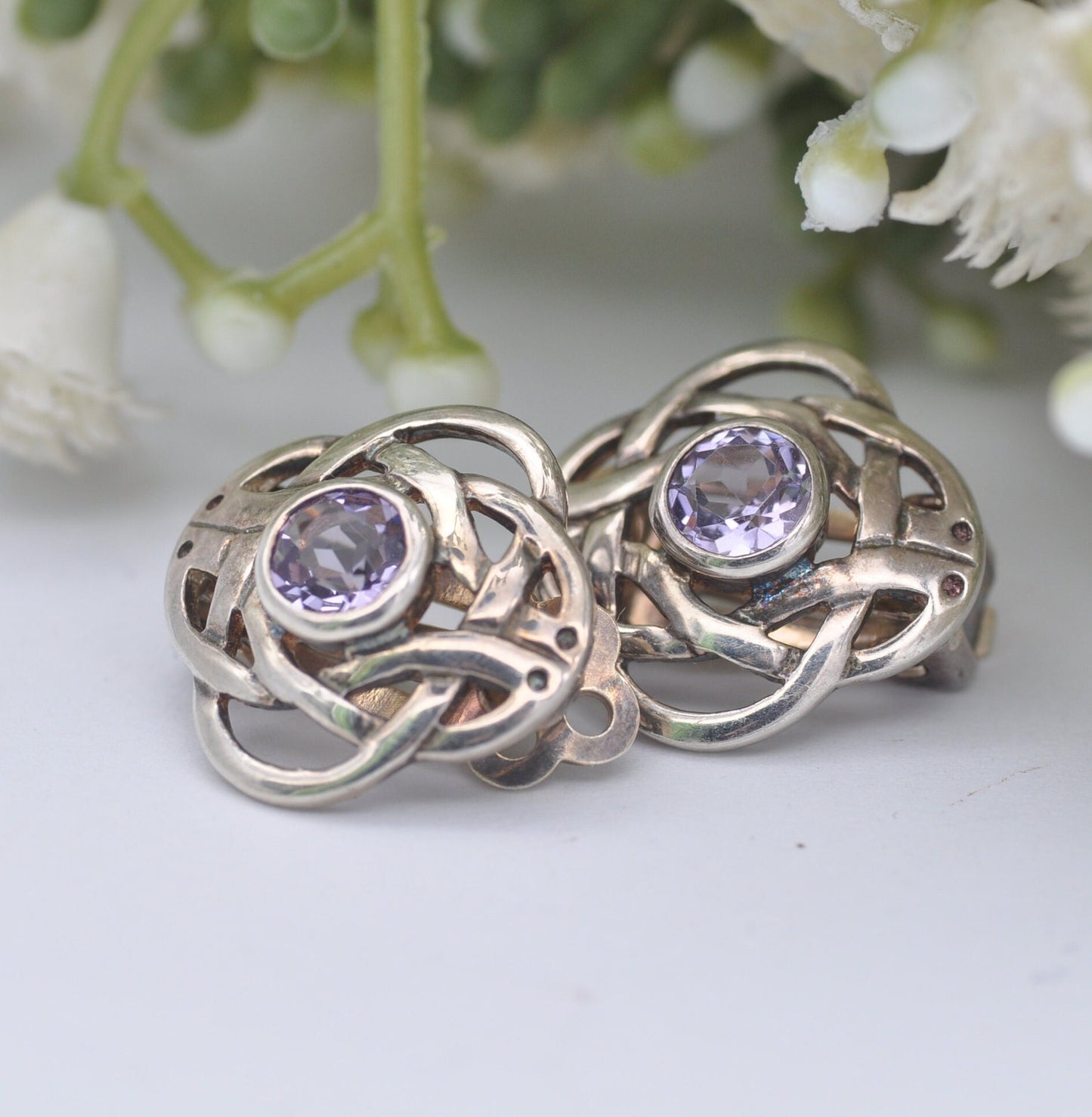 Vintage Kit Heath Sterling Silver Amethyst Clip On Earrings - Quatrefoil Celtic Knot Studs