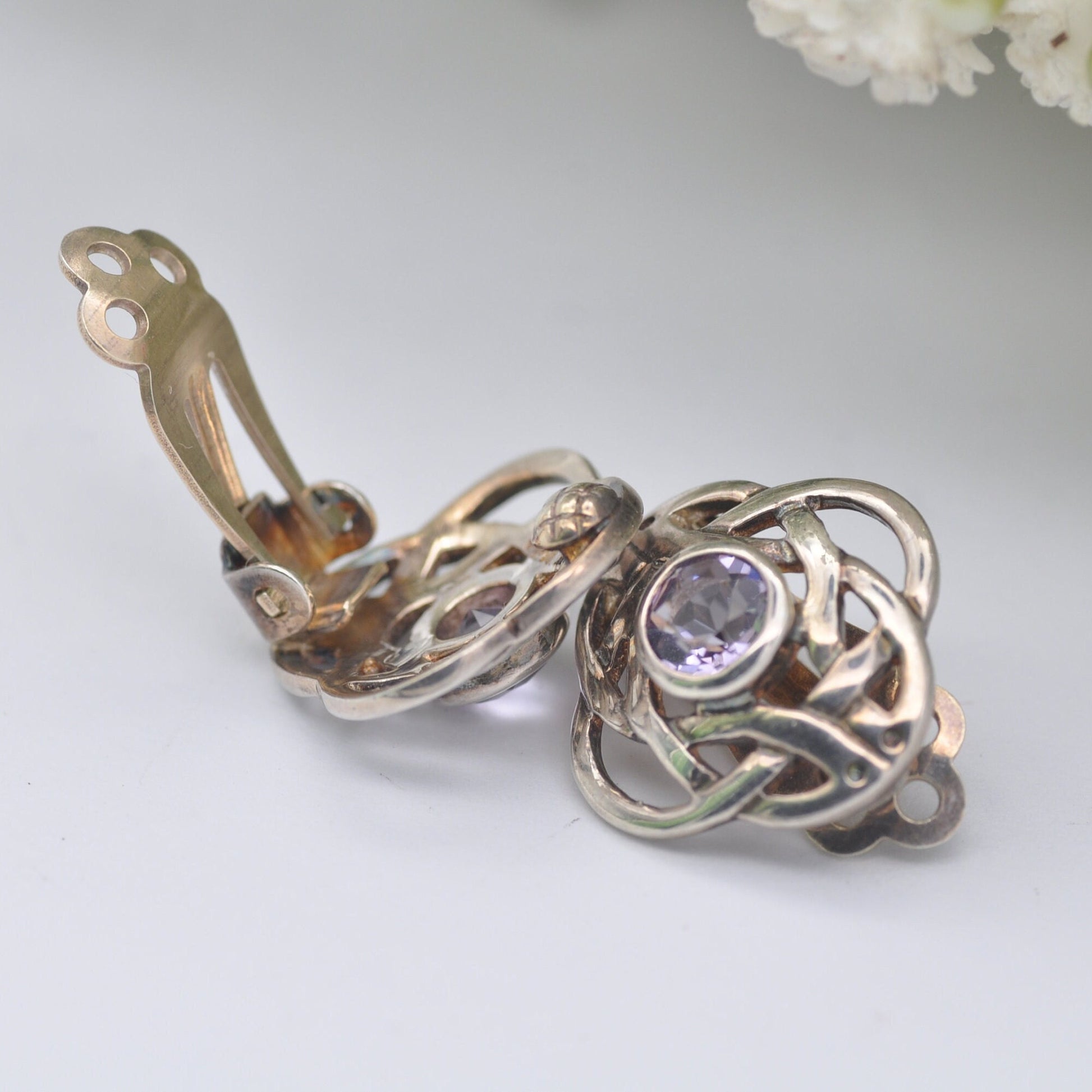 Vintage Kit Heath Sterling Silver Amethyst Clip On Earrings - Quatrefoil Celtic Knot Studs