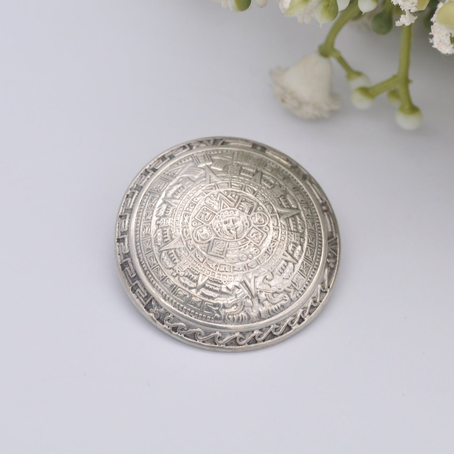 Vintage Mexican Sterling Silver Aztec Sun Stone Brooch Pendant - Hecho En Mexico | Silver Stone Disk | AMH Design | Circular Design