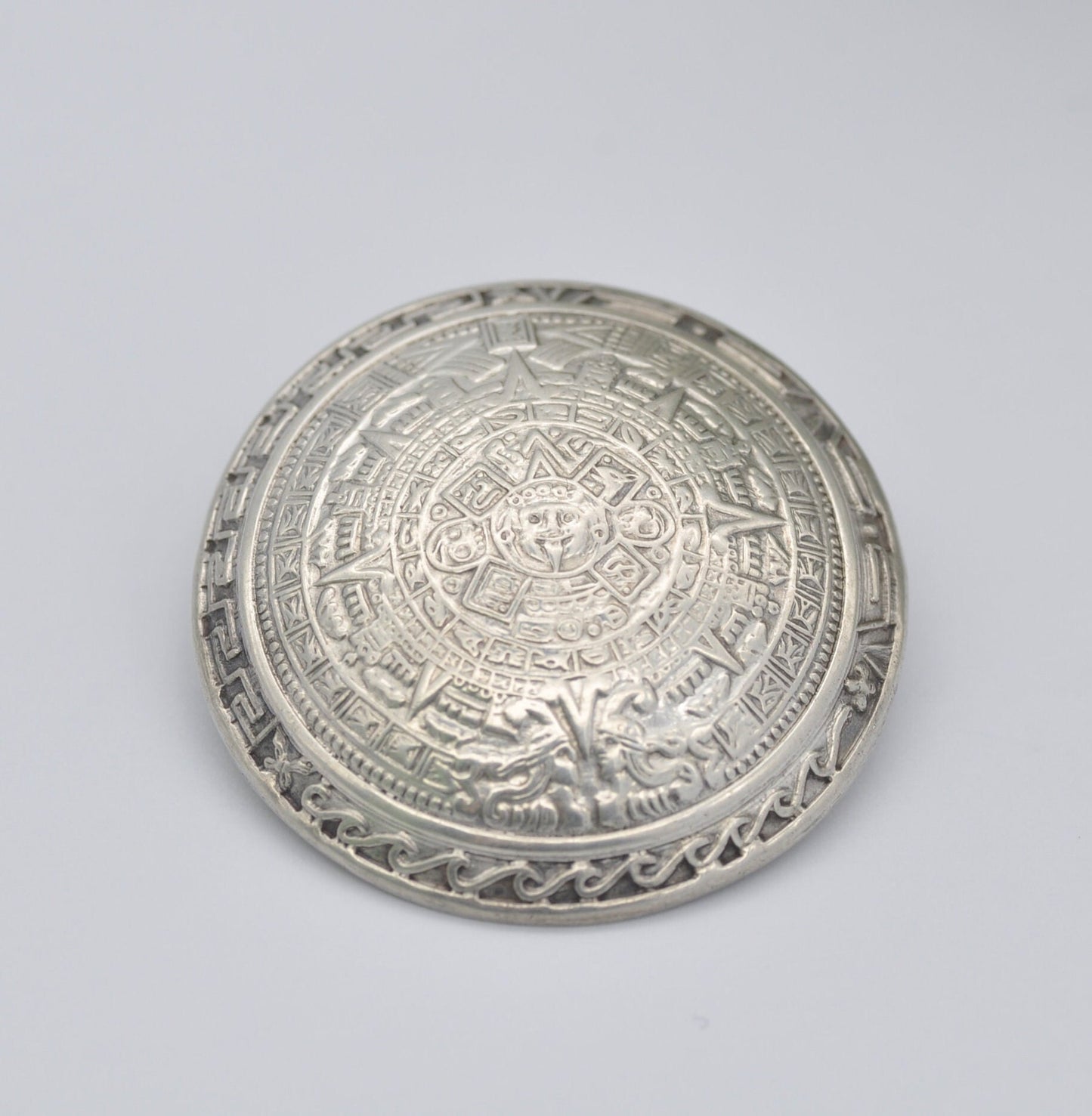 Vintage Mexican Sterling Silver Aztec Sun Stone Brooch Pendant - Hecho En Mexico | Silver Stone Disk | AMH Design | Circular Design