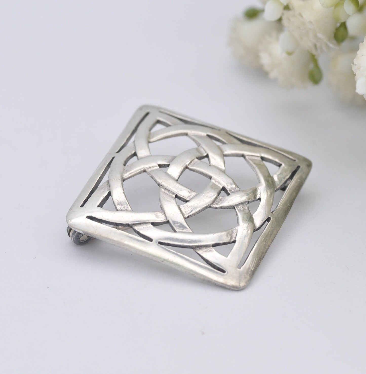 Vintage Sterling Silver Square Celtic Cross Brooch - Openwork Silver Knot
