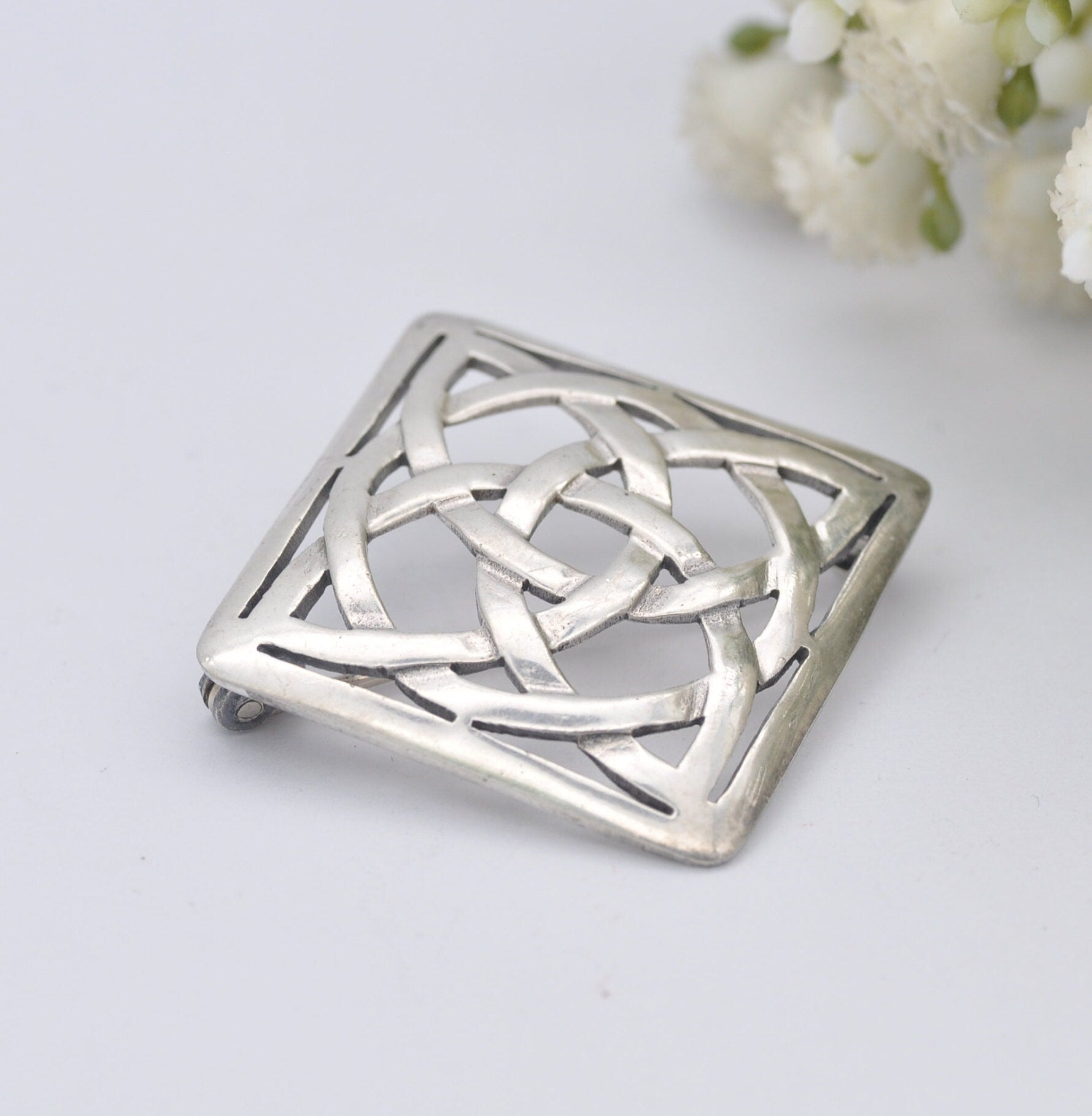Vintage Sterling Silver Square Celtic Cross Brooch - Openwork Silver Knot