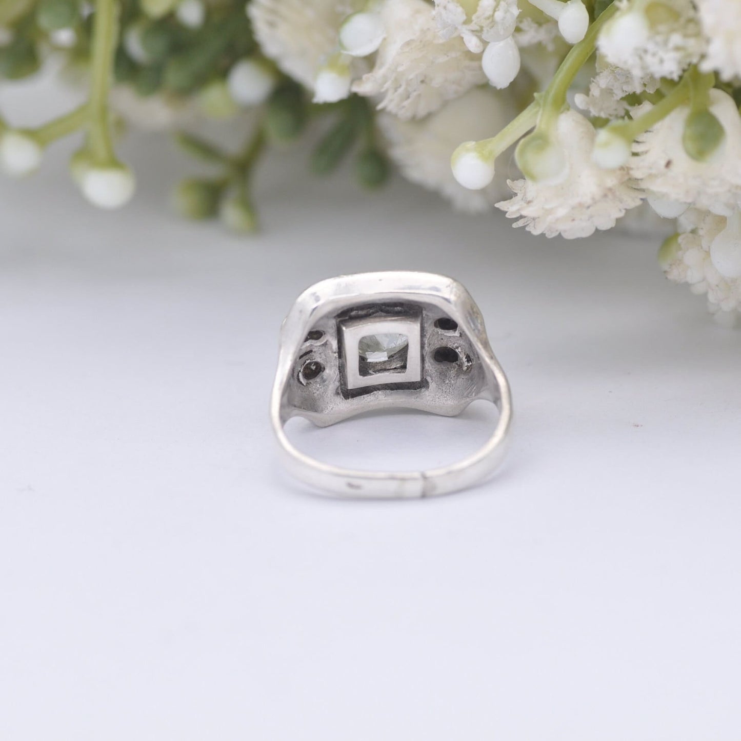 Antique Art Deco Sterling Silver Tank Ring with Large Clear Paste Stones - Deco Cocktail Jewellery | UK Size - I | US Size - 4 1/4