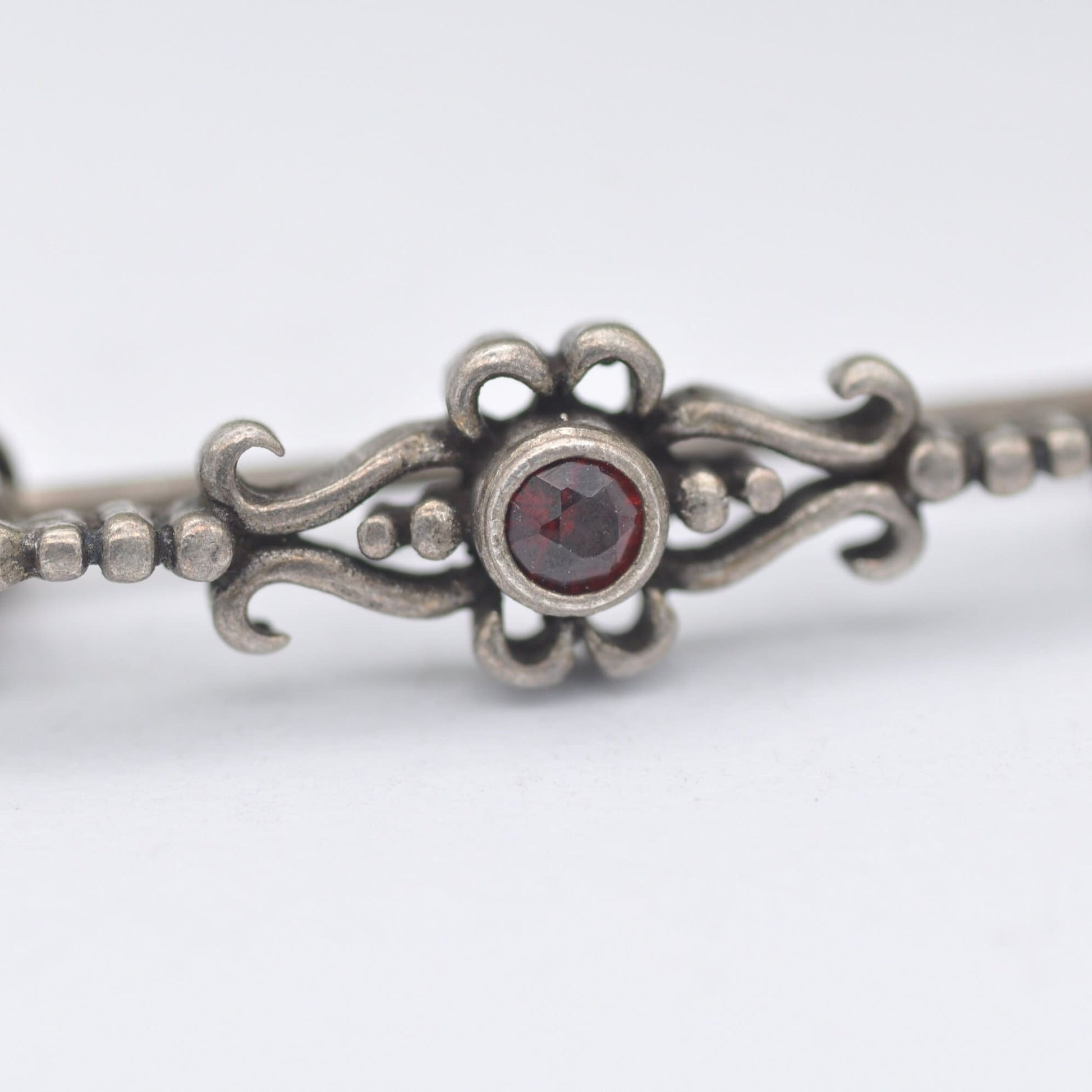 Vintage Sterling Silver Red Crystal Bar Brooch - Ornate Antique Style