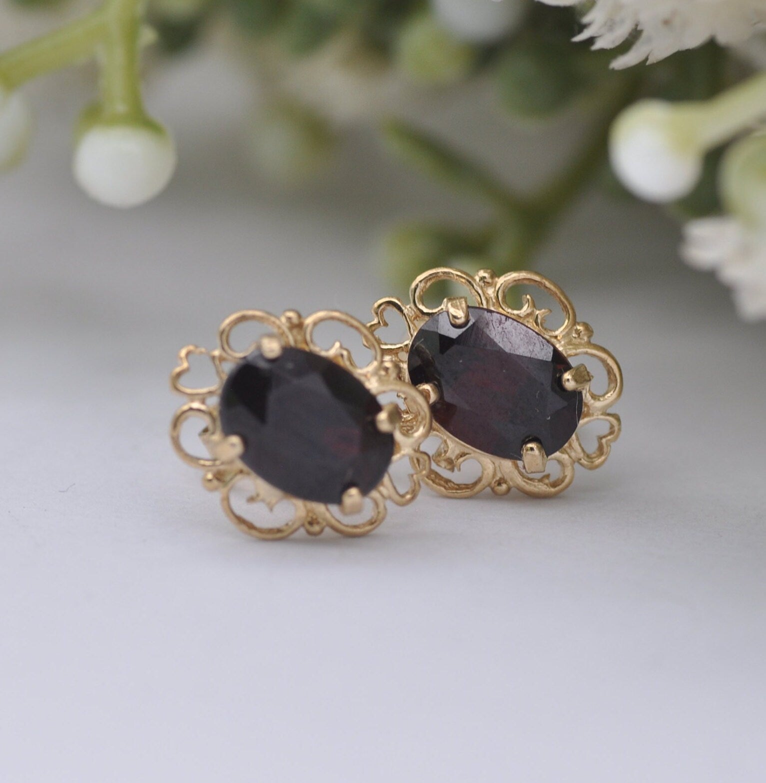 9ct Gold Garnet Stud Earrings 2002 - Ornate Frames | Butterfly Backs