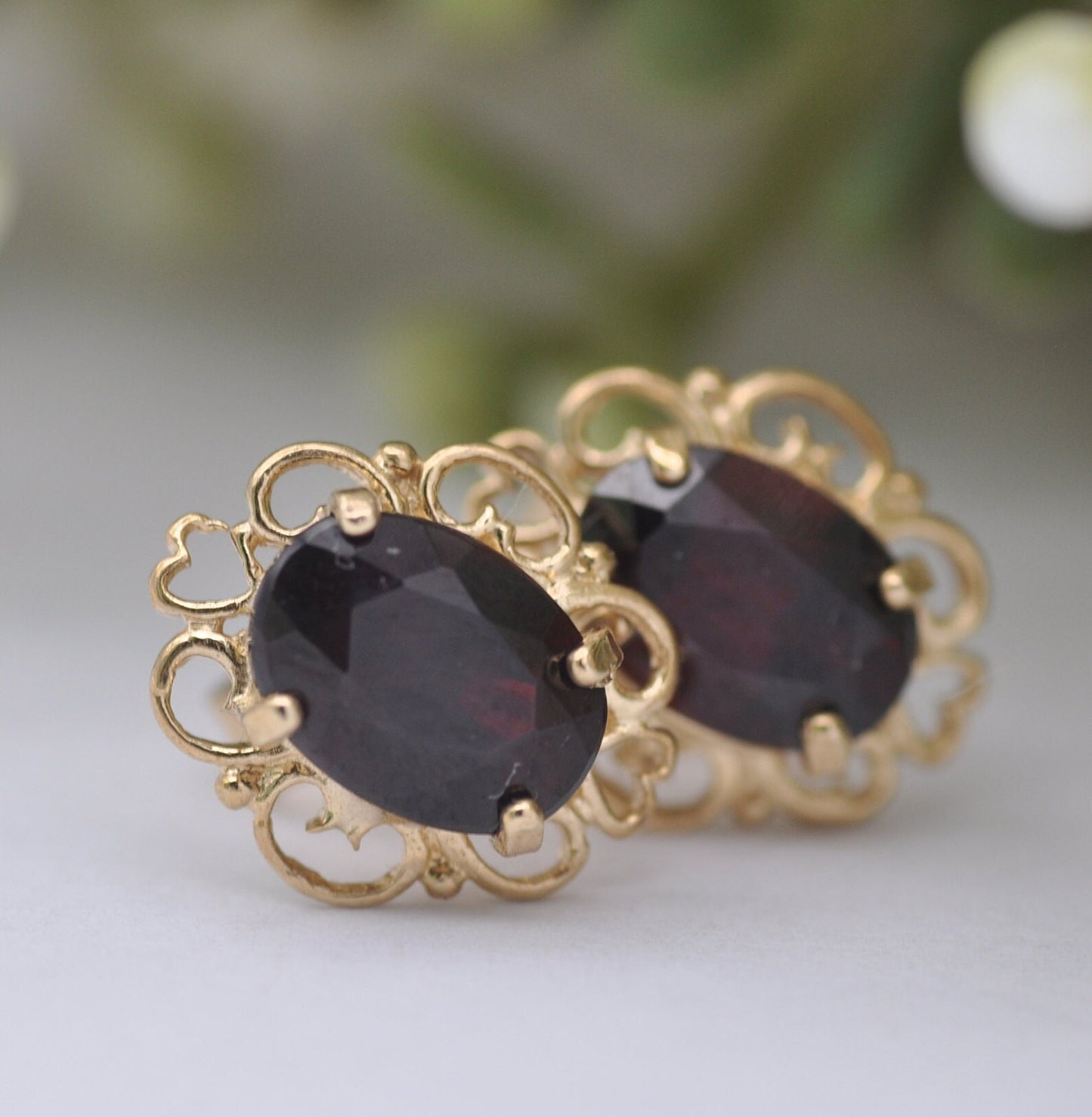 9ct Gold Garnet Stud Earrings 2002 - Ornate Frames | Butterfly Backs