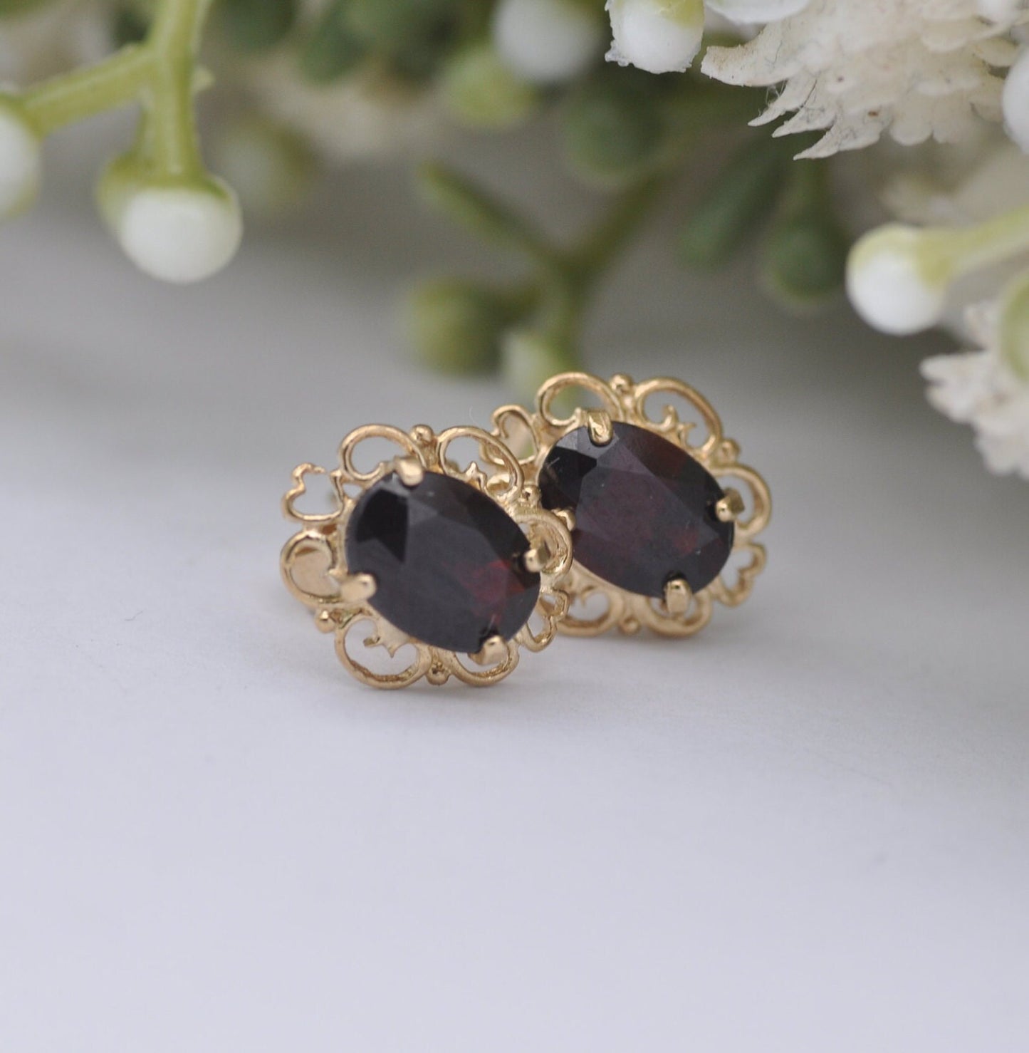 9ct Gold Garnet Stud Earrings 2002 - Ornate Frames | Butterfly Backs