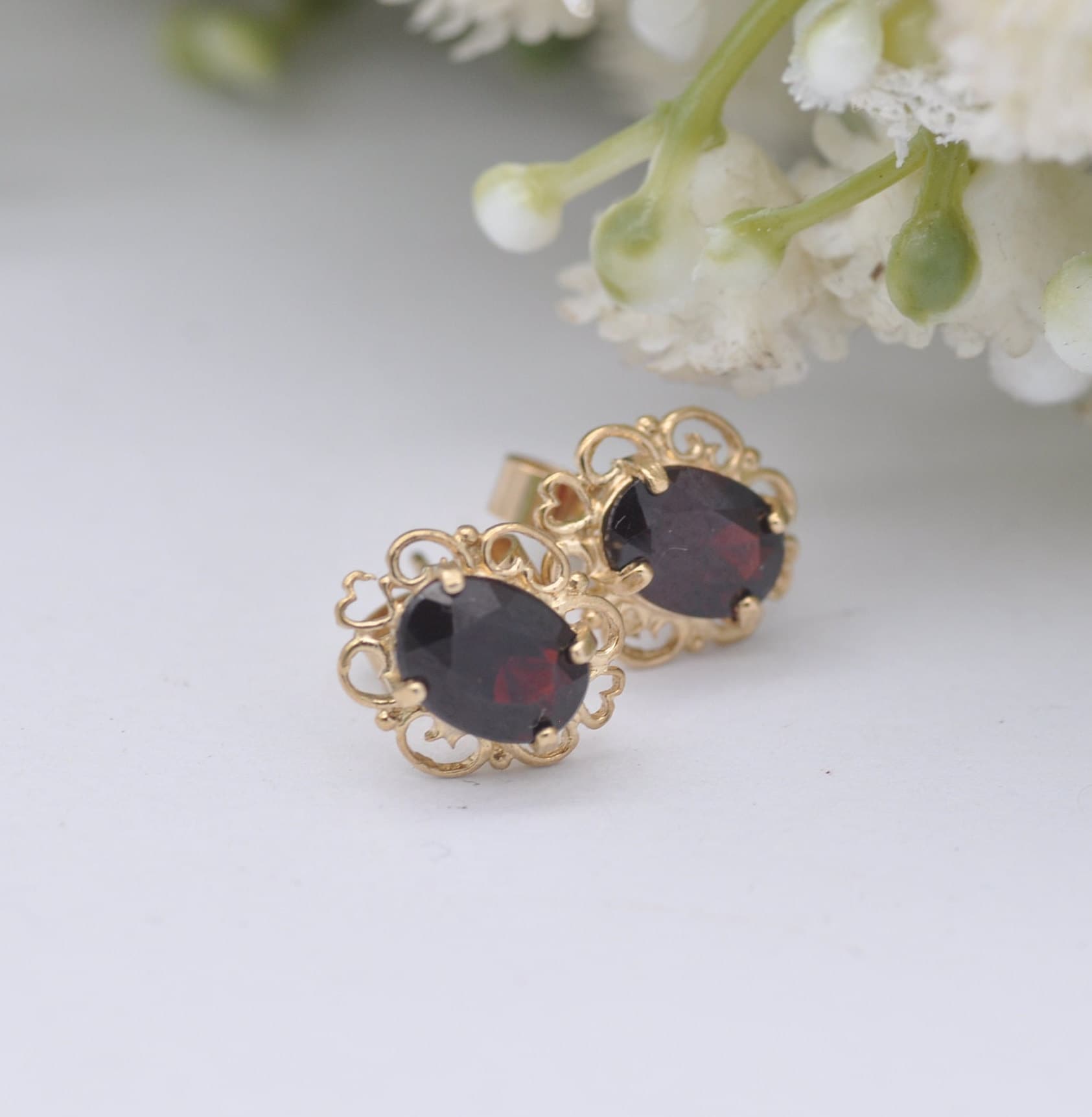 9ct Gold Garnet Stud Earrings 2002 - Ornate Frames | Butterfly Backs