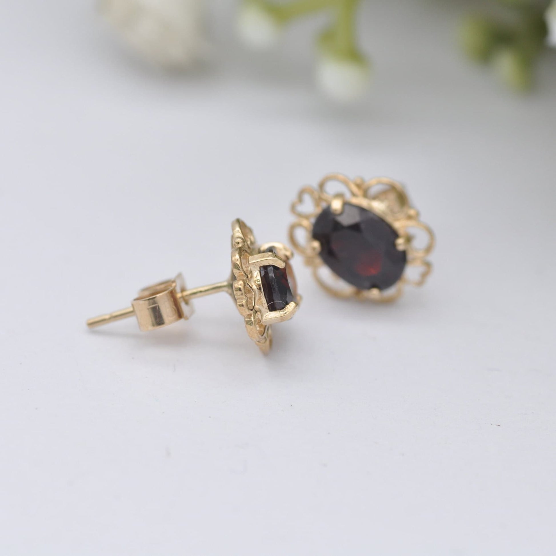 9ct Gold Garnet Stud Earrings 2002 - Ornate Frames | Butterfly Backs