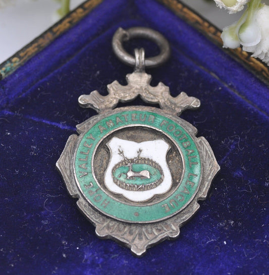 Antique Sterling Silver Enamel Fob Medal 1910 by Fattorini & Sons - Hope Valley Amateur Football League | Eyam FC