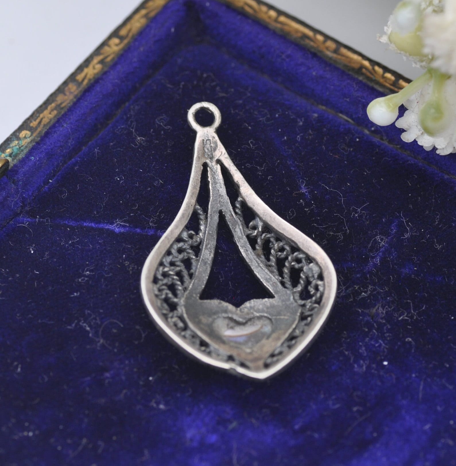 Vintage Sterling Silver Abalone Heart Pendant - Teardrop Shape