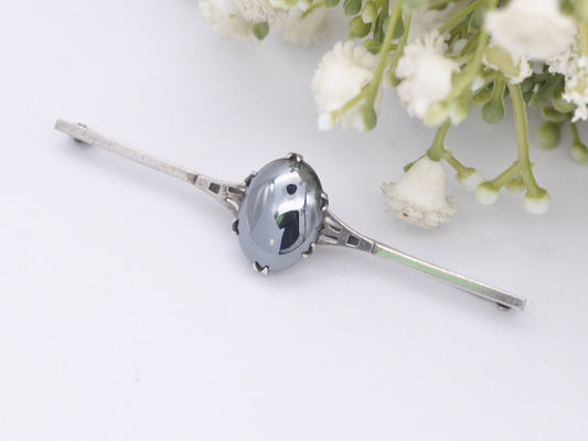 Vintage Art Deco Sterling Silver Hematite Bar Brooch - Oval Cabochon Gemstone | Machine Age