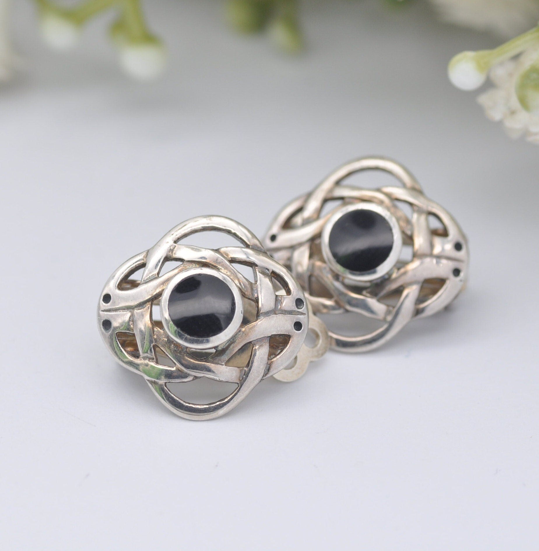 Vintage Kit Heath Sterling Silver Onyx Clip On Earrings - Quatrefoil Celtic Knot Studs