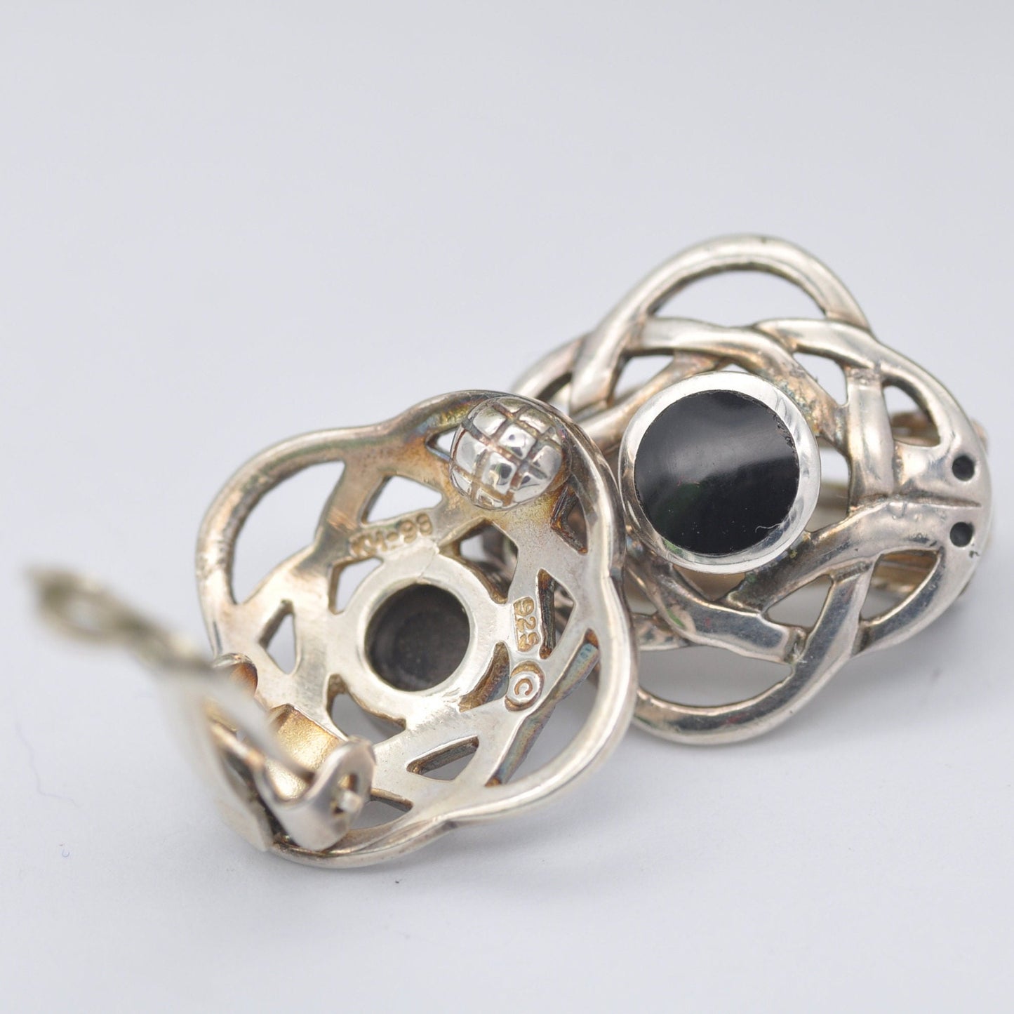 Vintage Kit Heath Sterling Silver Onyx Clip On Earrings - Quatrefoil Celtic Knot Studs