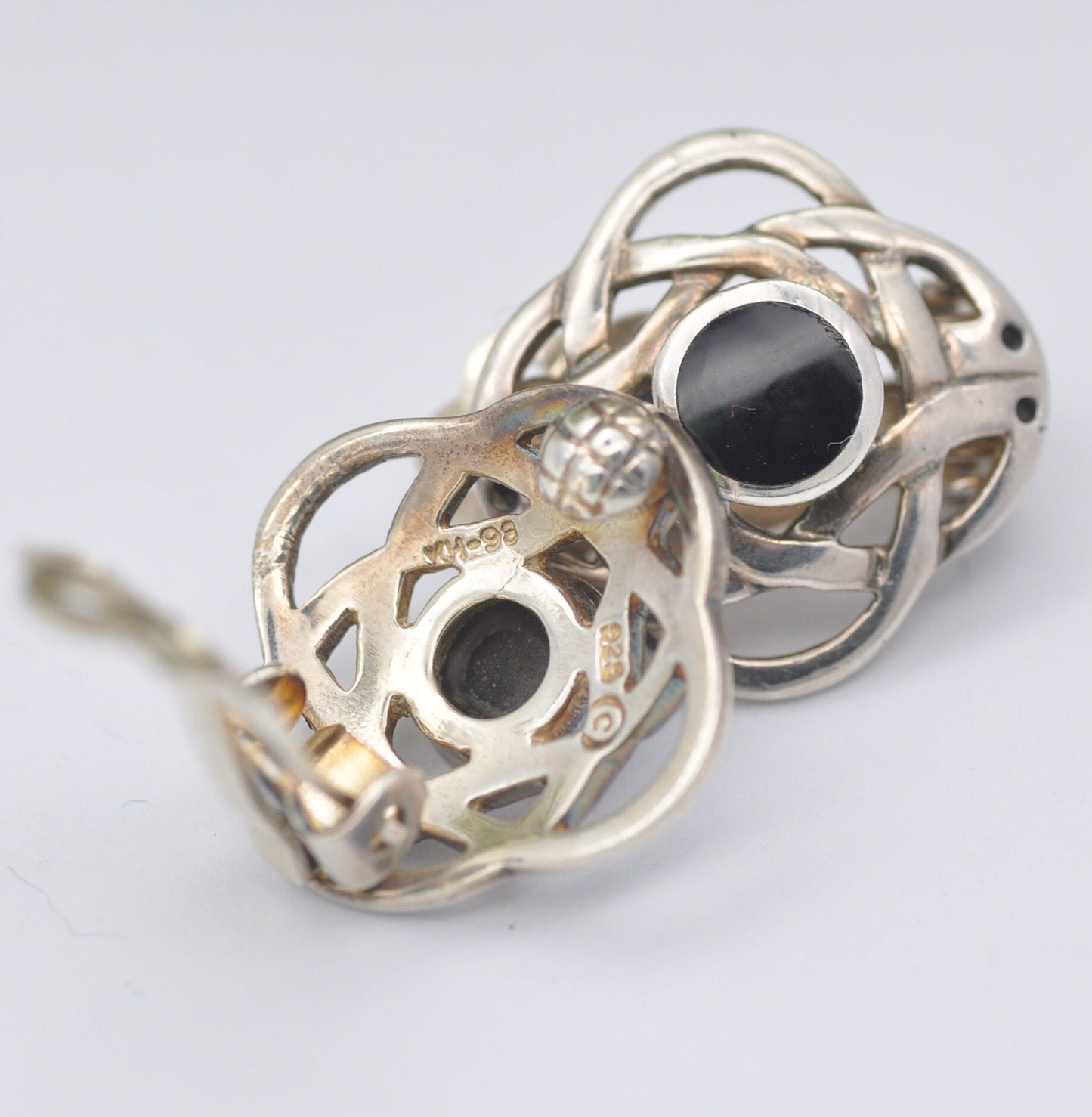 Vintage Kit Heath Sterling Silver Onyx Clip On Earrings - Quatrefoil Celtic Knot Studs