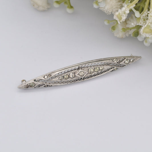 Vintage Art Deco Sterling Silver Paste Bar Brooch - Statement Sparkly Pin