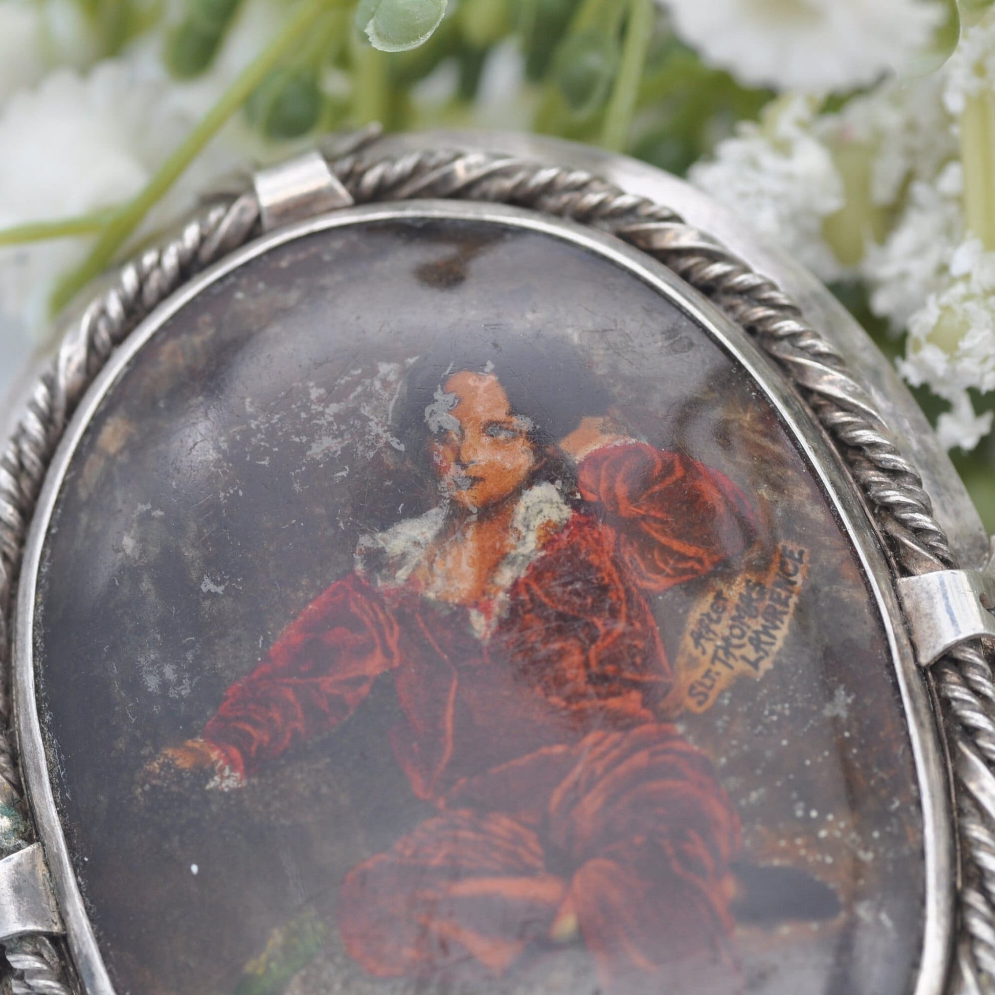 Antique Miniature Portrait Brooch The Red Boy by Thomas Lawrence - TLM Thomas L Mott Sterling Silver Large Brooch