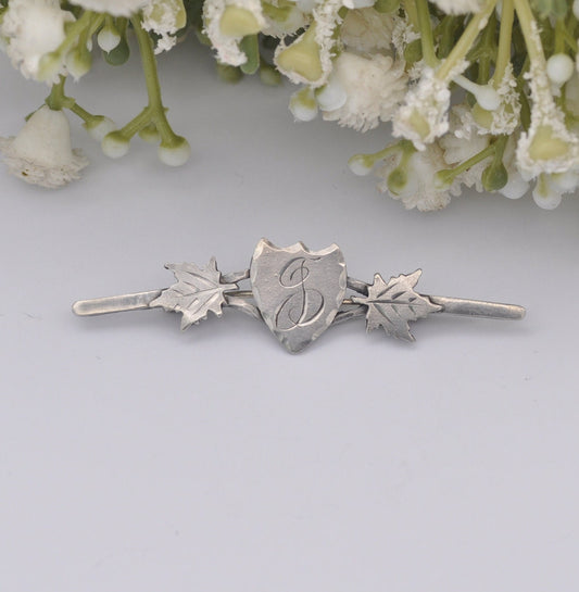 Antique Sterling Silver Engraved Shield Bar Brooch - Letter J Calligraphy | Maple Leaves