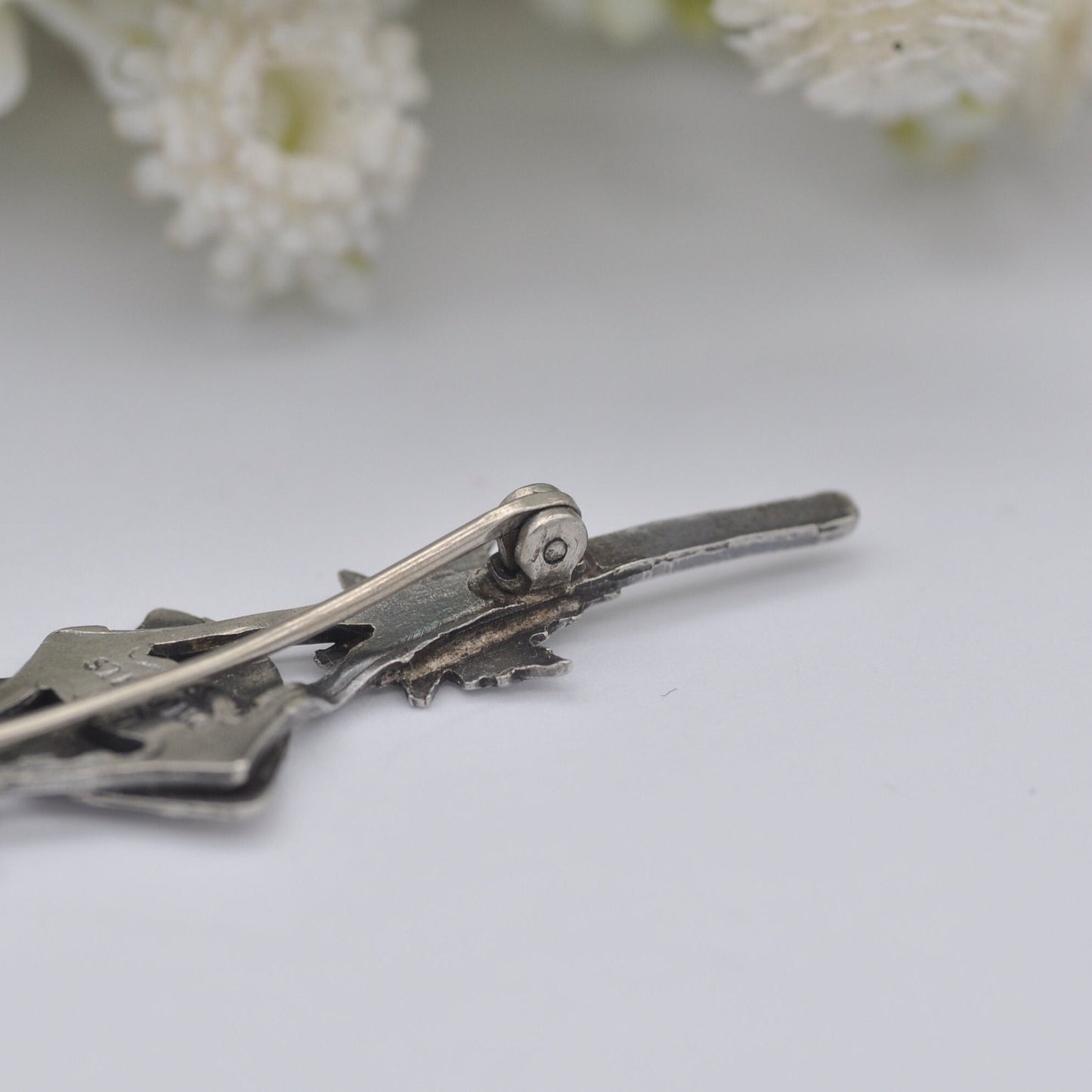 Antique Sterling Silver Engraved Shield Bar Brooch - Letter J Calligraphy | Maple Leaves