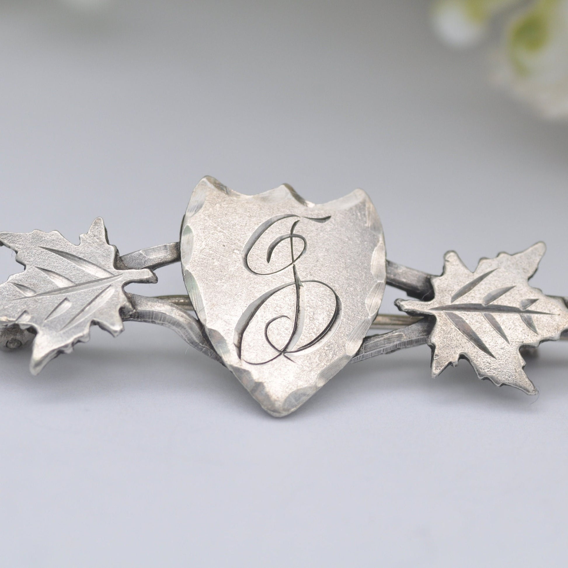 Antique Sterling Silver Engraved Shield Bar Brooch - Letter J Calligraphy | Maple Leaves